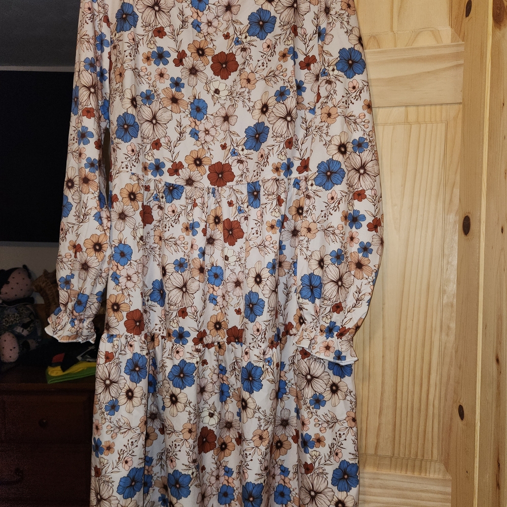 Floral Long Sleeve Dress - Blue and Brown